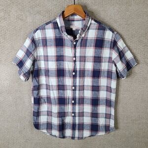 Merona Shirt Mens Large Blue Pink Plaid Short Sleeve Button Down Linen Cotton